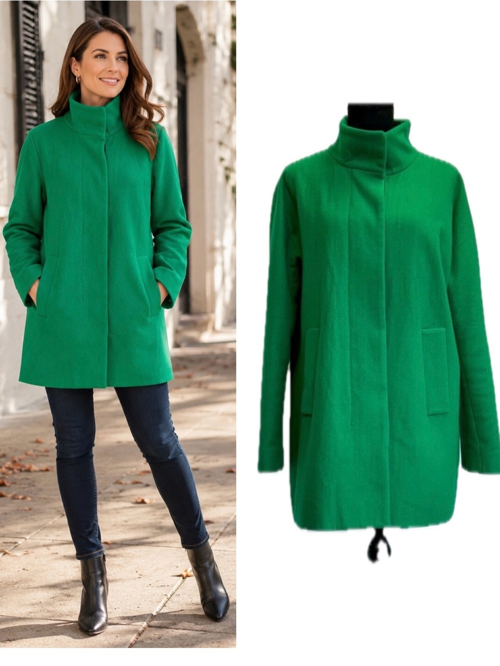 J.Crew Factory Women’s Vibrant Green Wool Blend Funnel Neck Coat Size 12